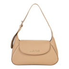 Lieblingstasche Flap Bag Daphne Re in beige pebbled leather with gold hardware and adjustable strap.