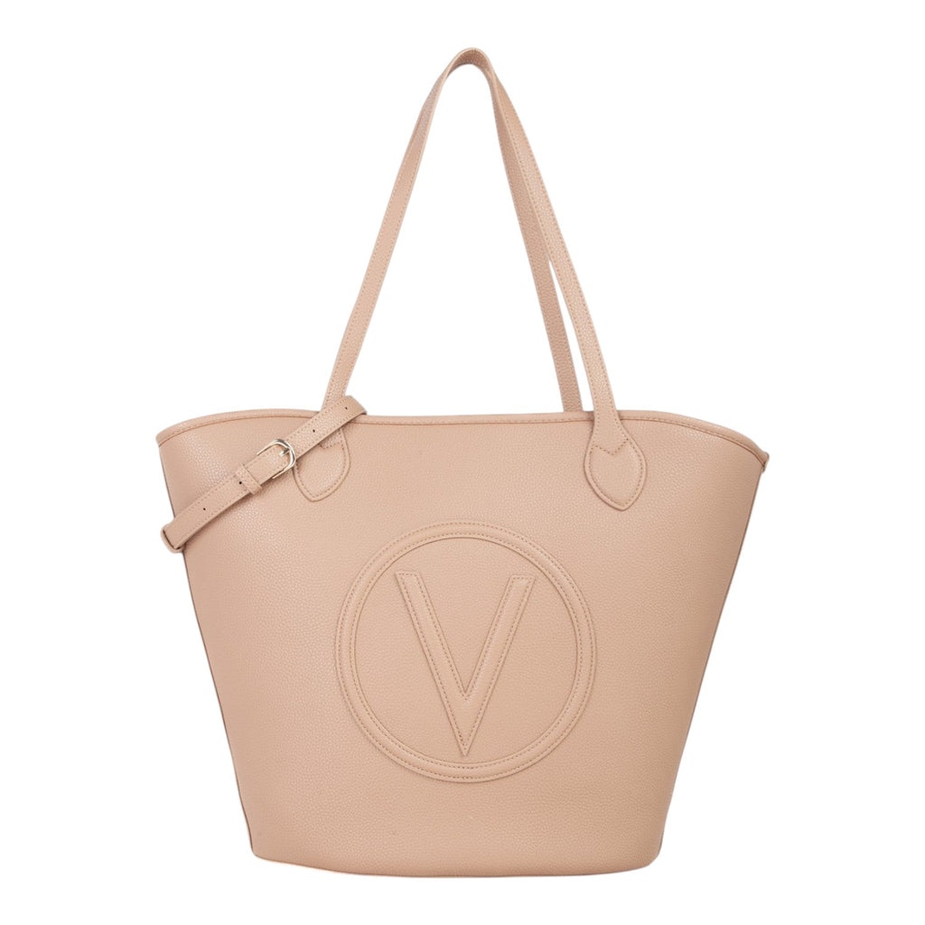 Lieblingstasche beige pebbled leather tote bag with a debossed V logo and adjustable strap.