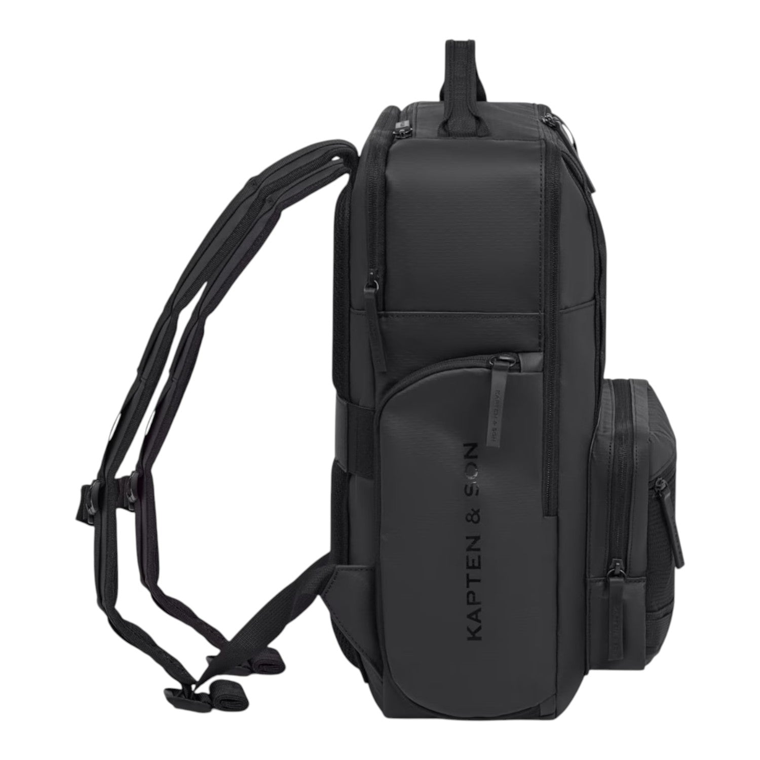 Lieblingstasche Bergen Ultra black backpack shown from the side with padded straps and multiple zippered compartments