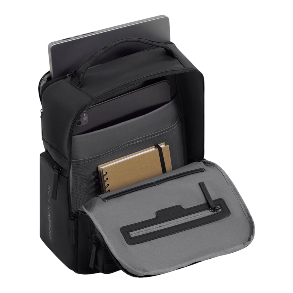 Lieblingstasche Bergen Ultra black backpack with open main compartment, laptop sleeve, and internal organizer pockets.