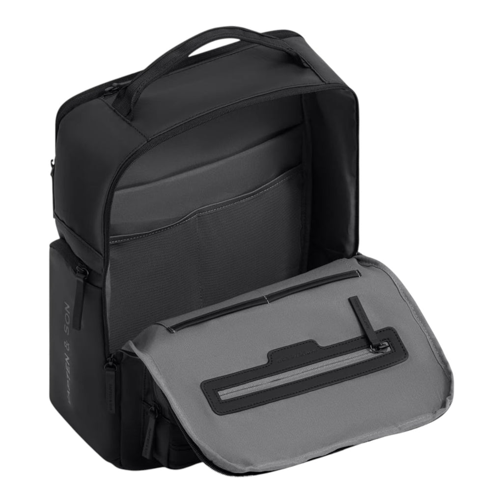 Lieblingstasche Bergen Ultra black backpack with open main compartment showing interior pockets and grey lining
