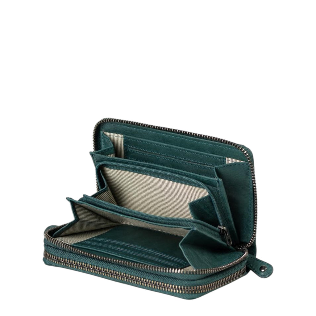 Lieblingstasche Betty dark green leather wallet with zip-around closure and striped interior lining