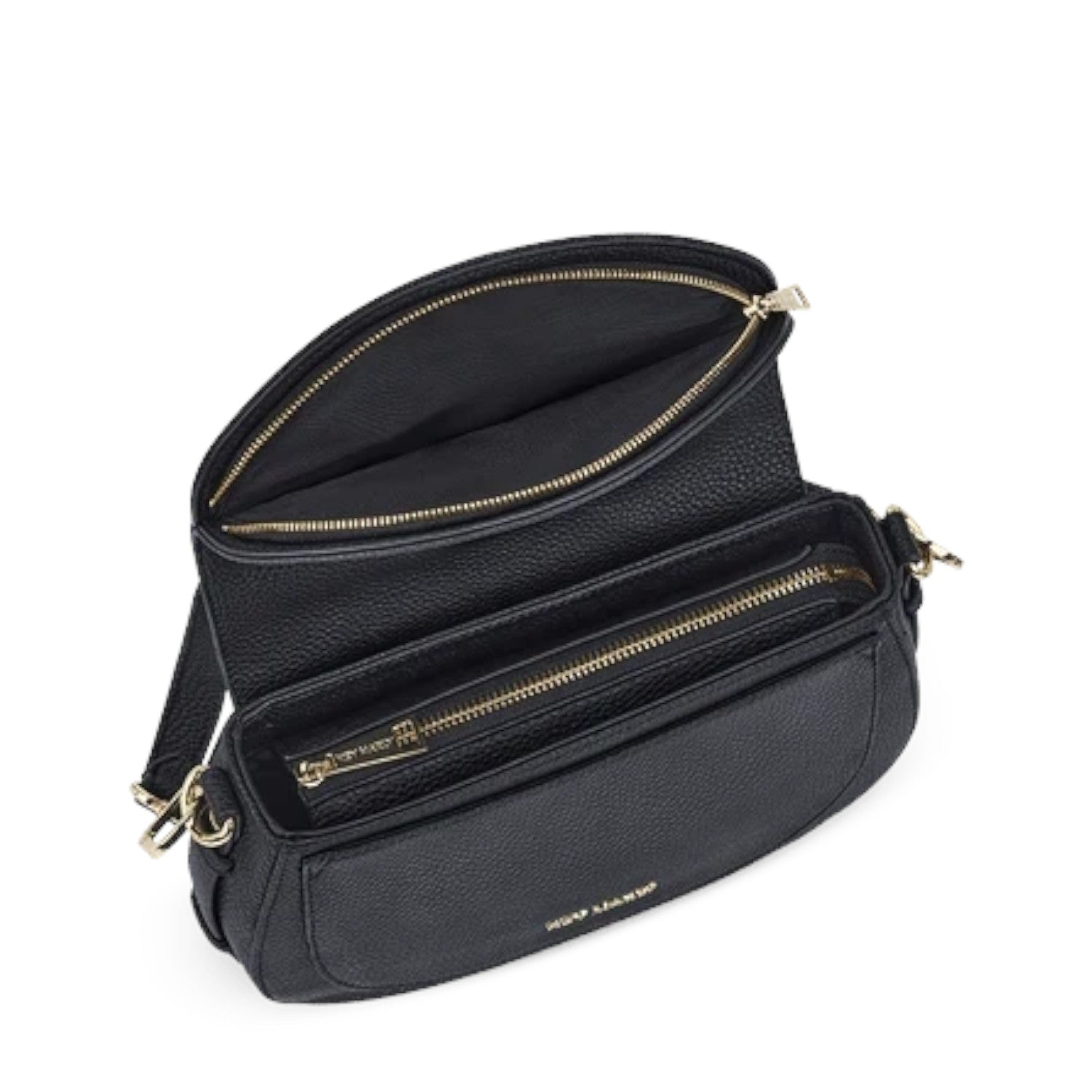 Lieblingstasche Big Sister black leather crossbody bag with gold zipper details and open interior compartments