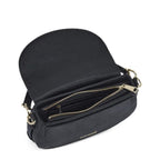 Lieblingstasche Big Sister black pebbled leather crossbody bag with open flap and gold zipper detail