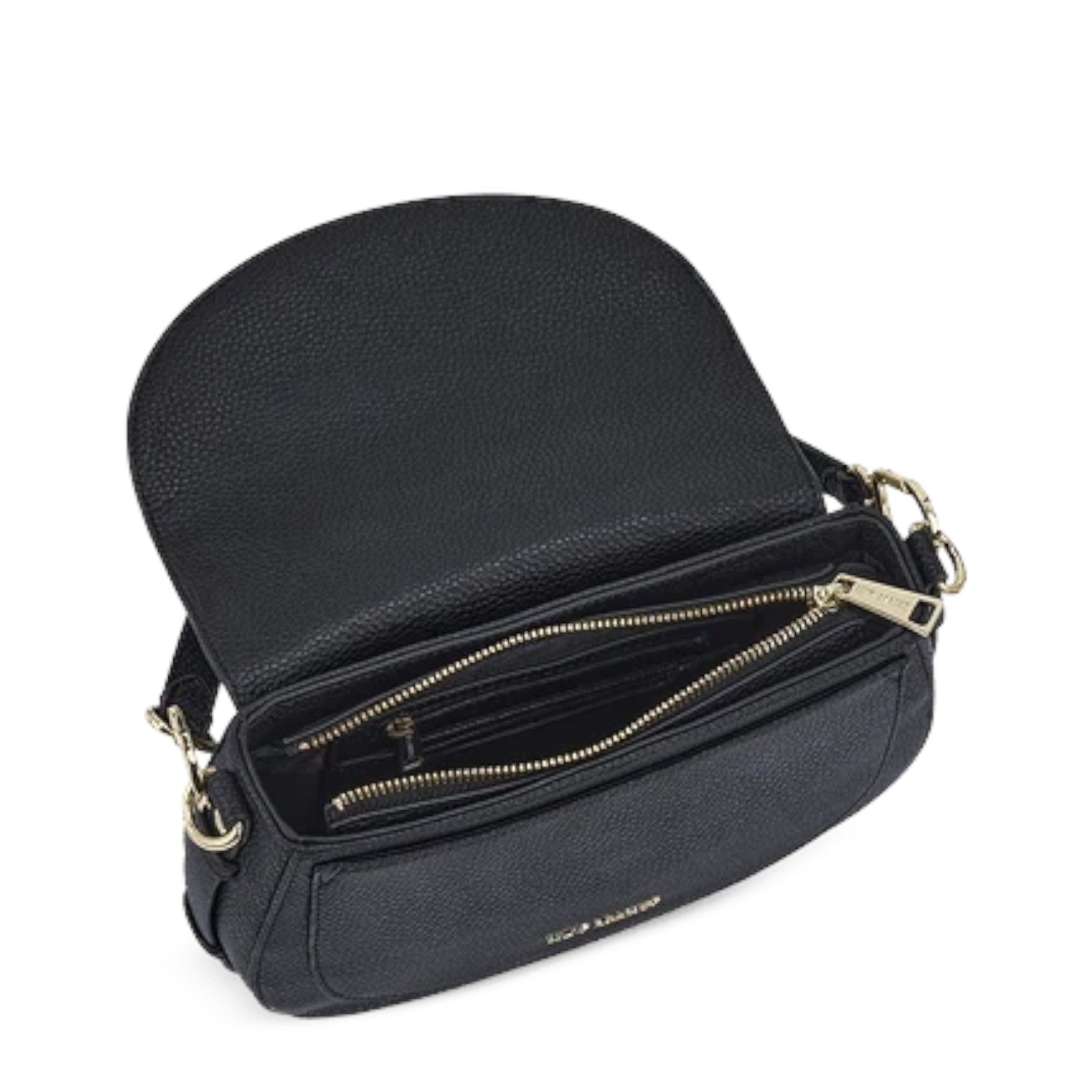 Lieblingstasche Big Sister black pebbled leather crossbody bag with open flap and gold zipper detail