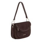 Lieblingstasche Big Sister Suede dark brown shoulder bag with a fold-over flap and silver hardware