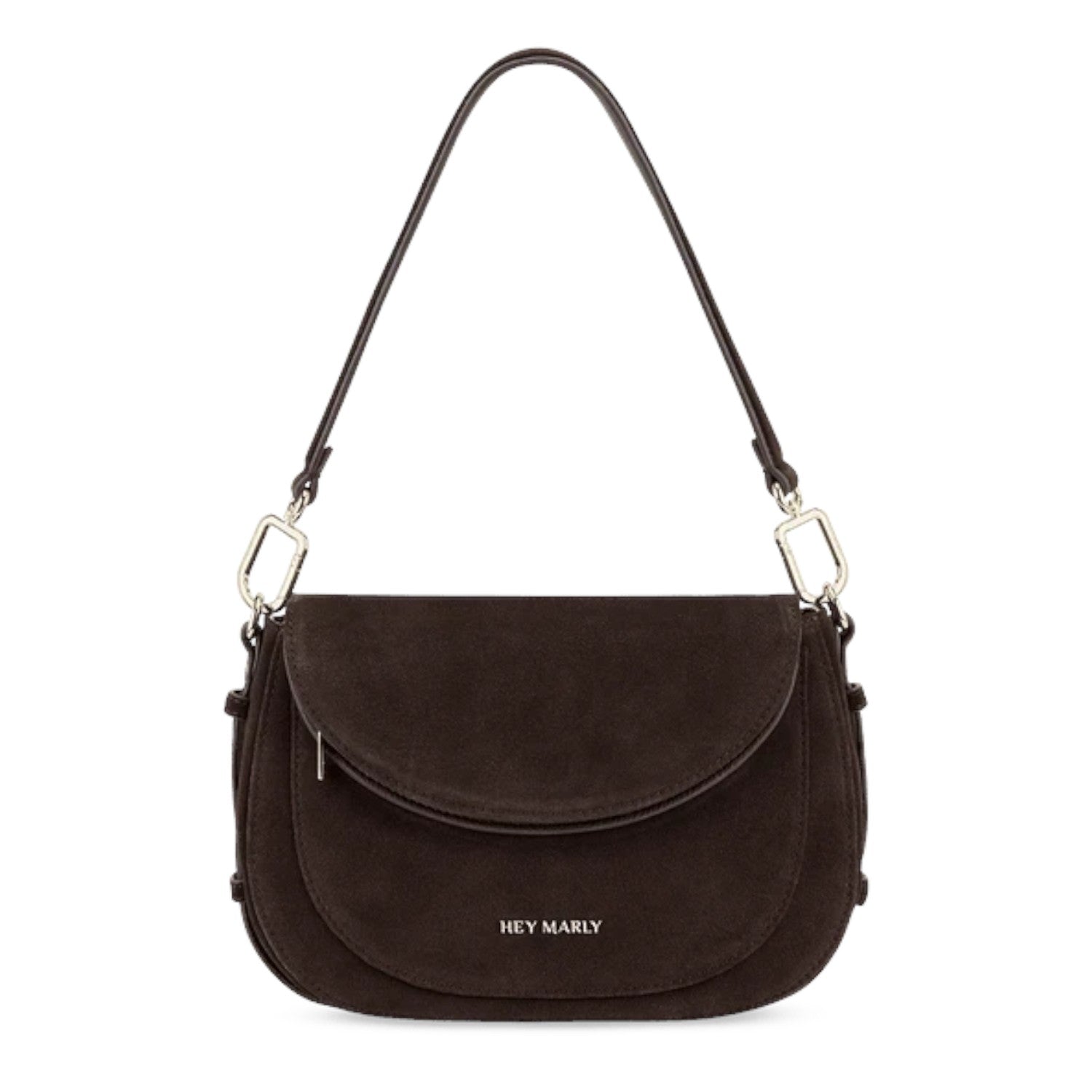 Lieblingstasche Big Sister Suede dark brown shoulder bag with a curved flap and silver hardware details