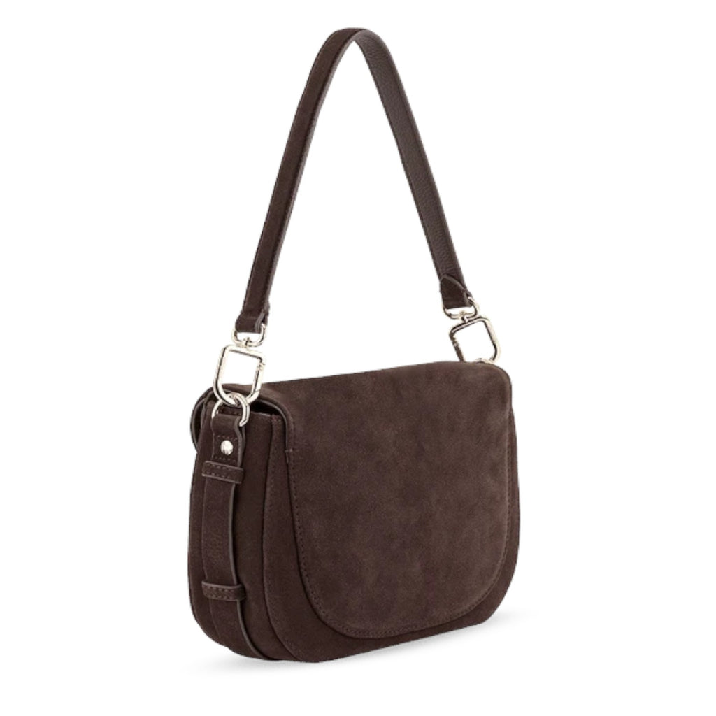 Lieblingstasche Big Sister Suede dark brown shoulder bag with silver hardware and a flap closure