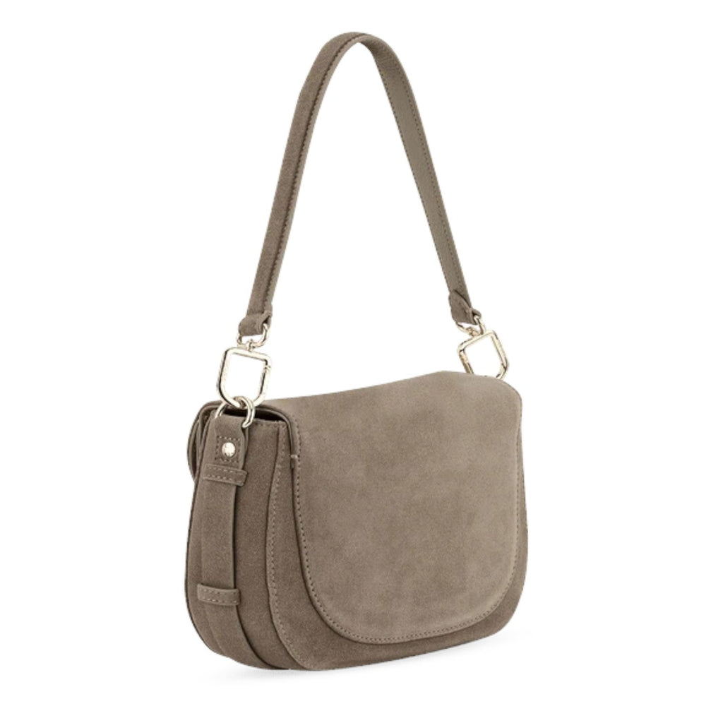 Lieblingstasche Big Sister Suede shoulder bag in taupe with a flap closure and gold-tone hardware