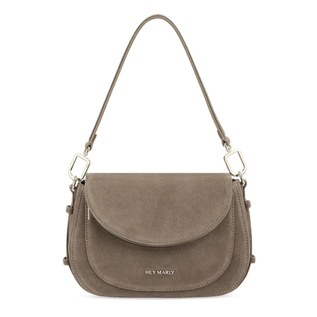 Lieblingstasche Big Sister Suede taupe shoulder bag with a curved flap and silver hardware