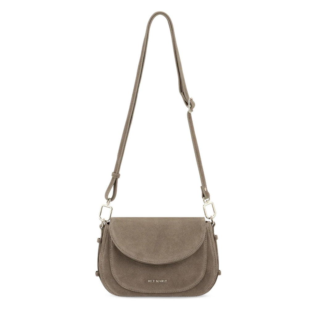 Lieblingstasche Big Sister Suede taupe crossbody bag with adjustable strap and flap closure