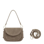 Lieblingstasche Big Sister suede handbag in taupe with a curved flap, gold hardware, and an adjustable strap.