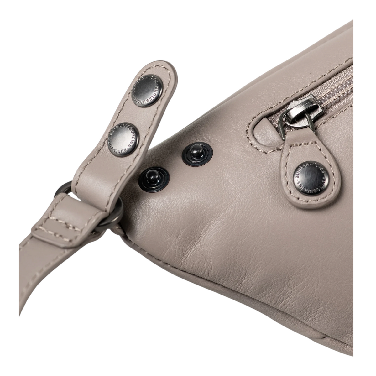 Lieblingstasche Bilberry taupe leather belt bag with adjustable strap and metallic snap button details
