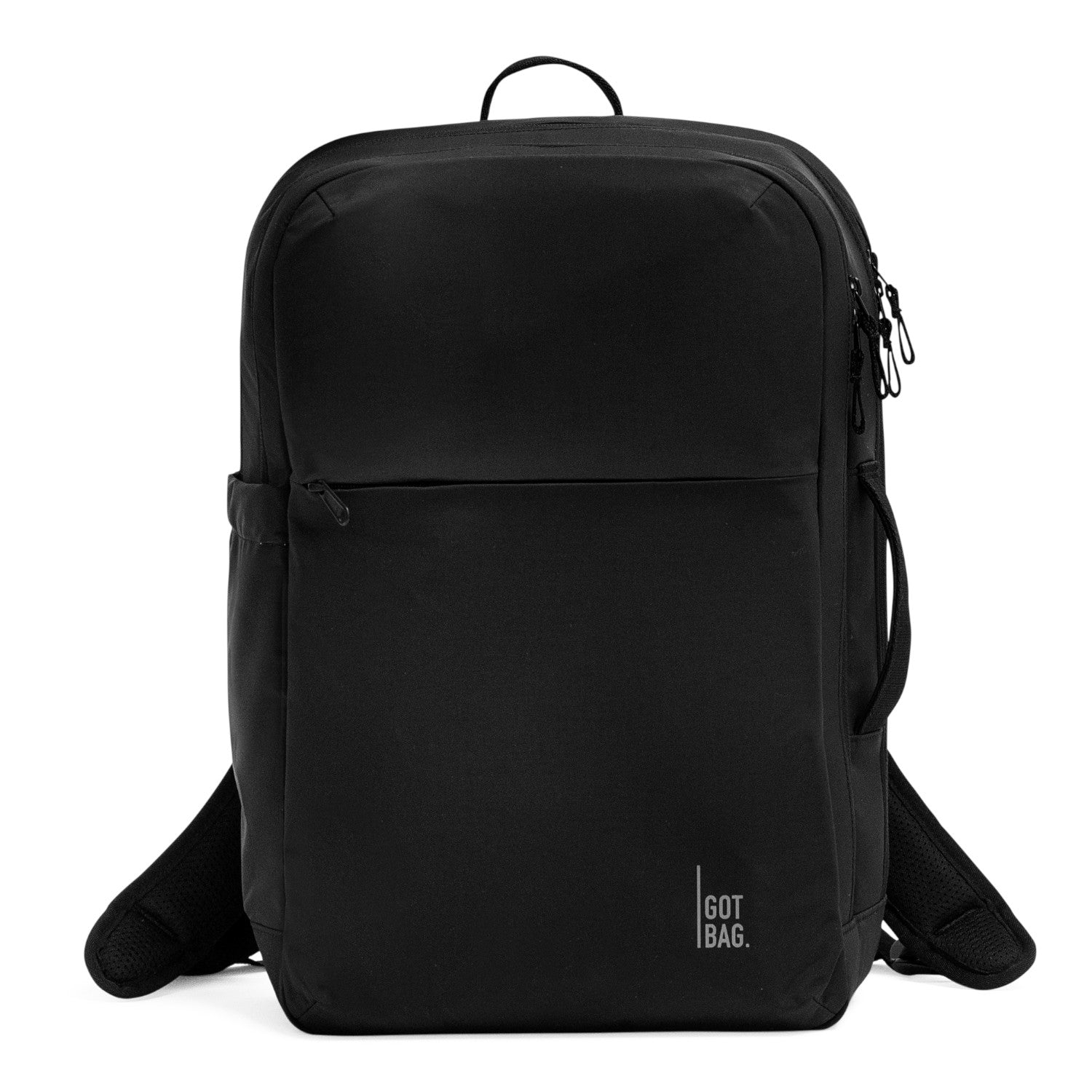Lieblingstasche black commuter backpack with front zip pocket and side water bottle holder.