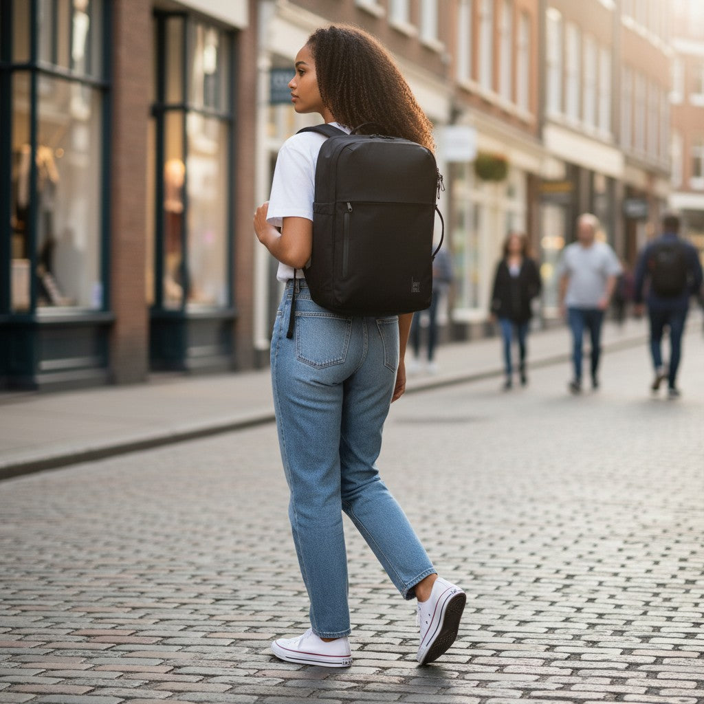 Lieblingstasche black commuter backpack with padded straps and multiple zippered compartments.