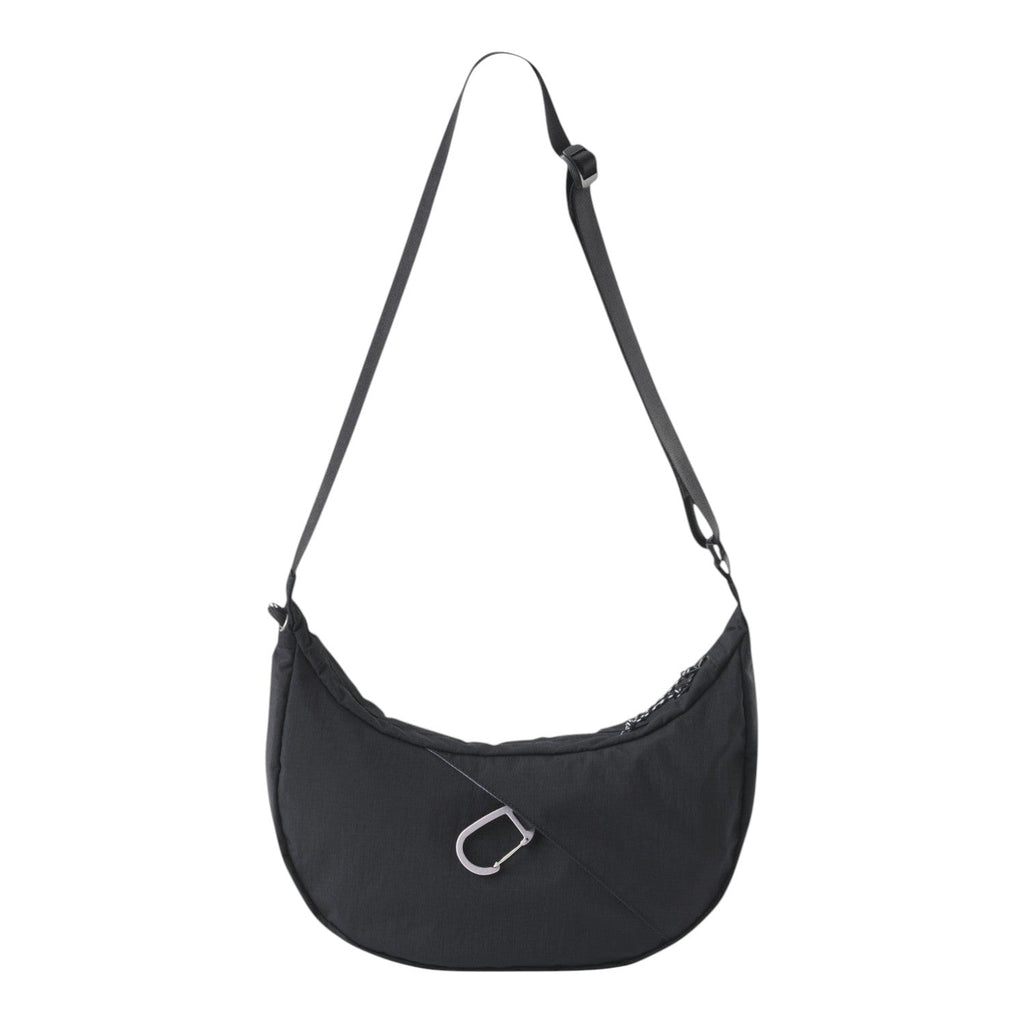 Lieblingstasche black crescent-shaped sling bag with an adjustable strap and silver carabiner detail