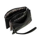 Lieblingstasche black cross-body bag with multiple zippered compartments and patterned interior lining