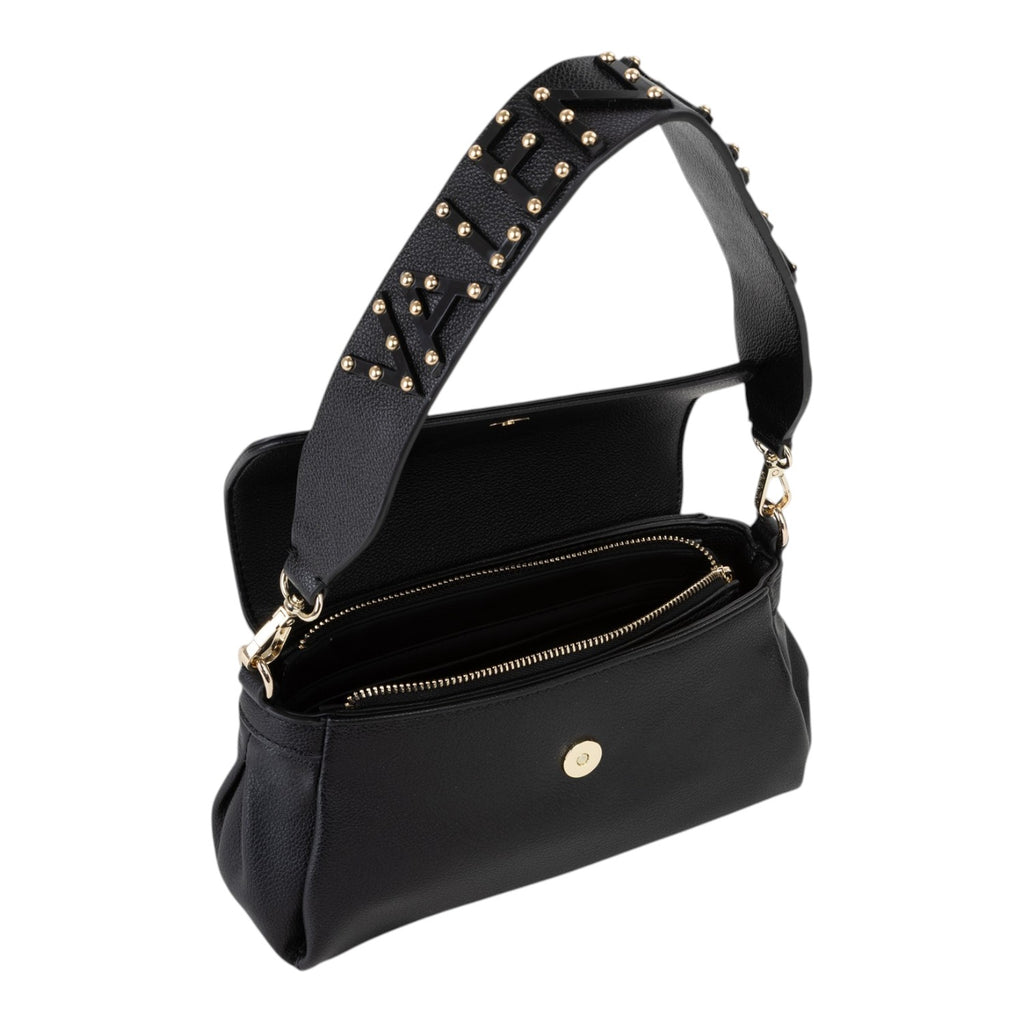 Lieblingstasche black faux leather flap bag with gold stud detailing on the strap and a magnetic closure.