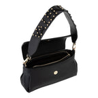 Lieblingstasche black faux leather flap bag with gold stud detailing on the strap and a magnetic closure.