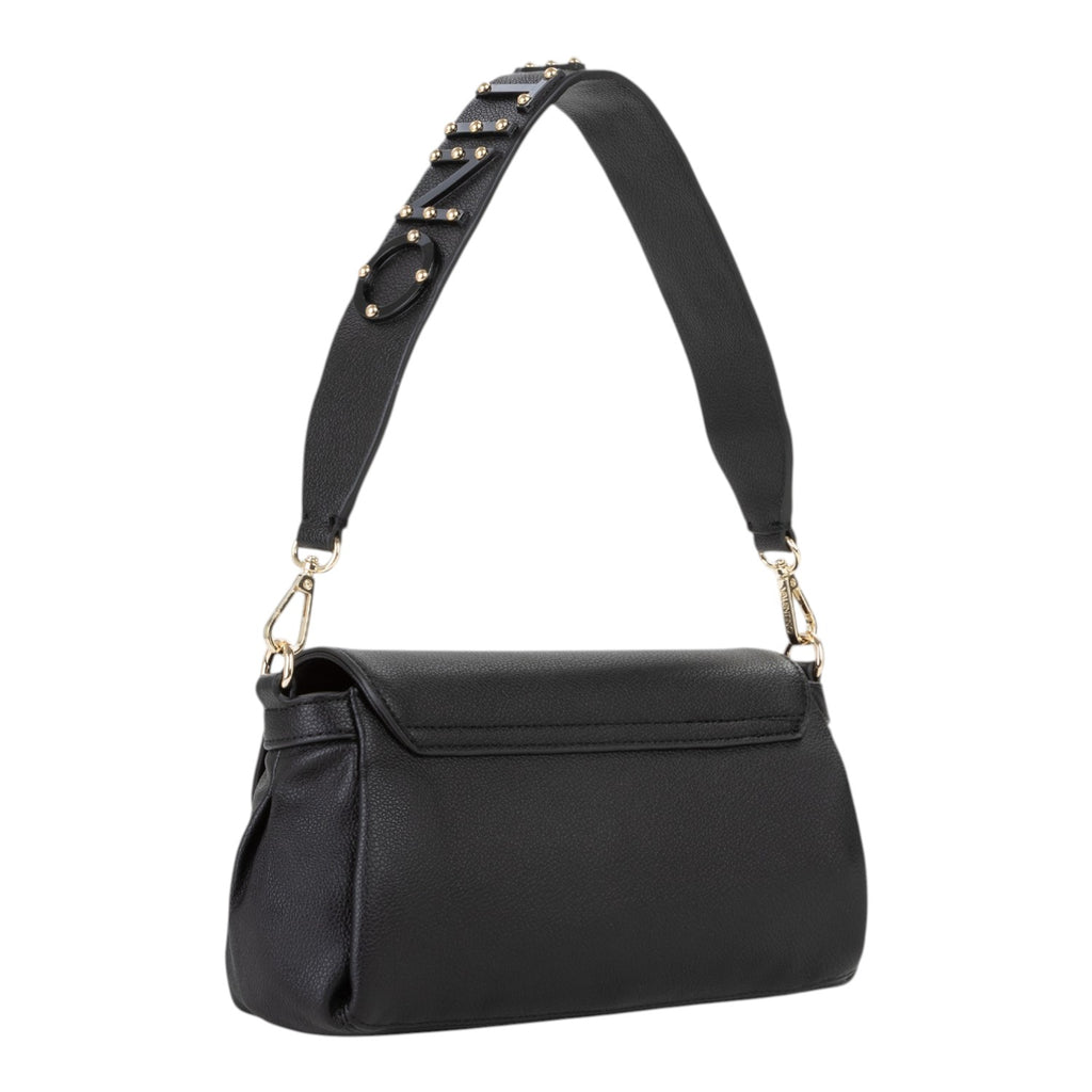 Lieblingstasche black faux leather flap bag with gold stud embellishments on the strap.