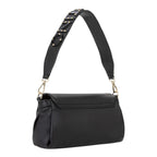 Lieblingstasche black faux leather flap bag with gold stud embellishments on the strap.