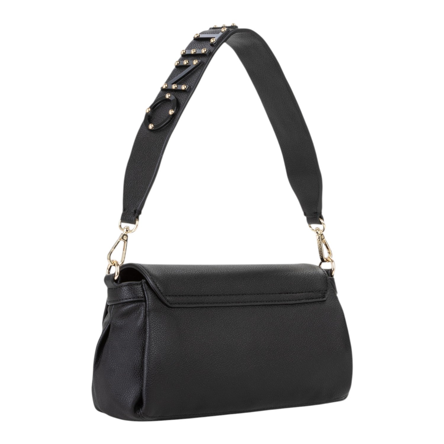 Lieblingstasche black faux leather flap bag with gold stud embellishments on the strap.