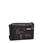 Lieblingstasche black wallet with a decorative graphic print, metallic zipper, and a unique safety pin detail.