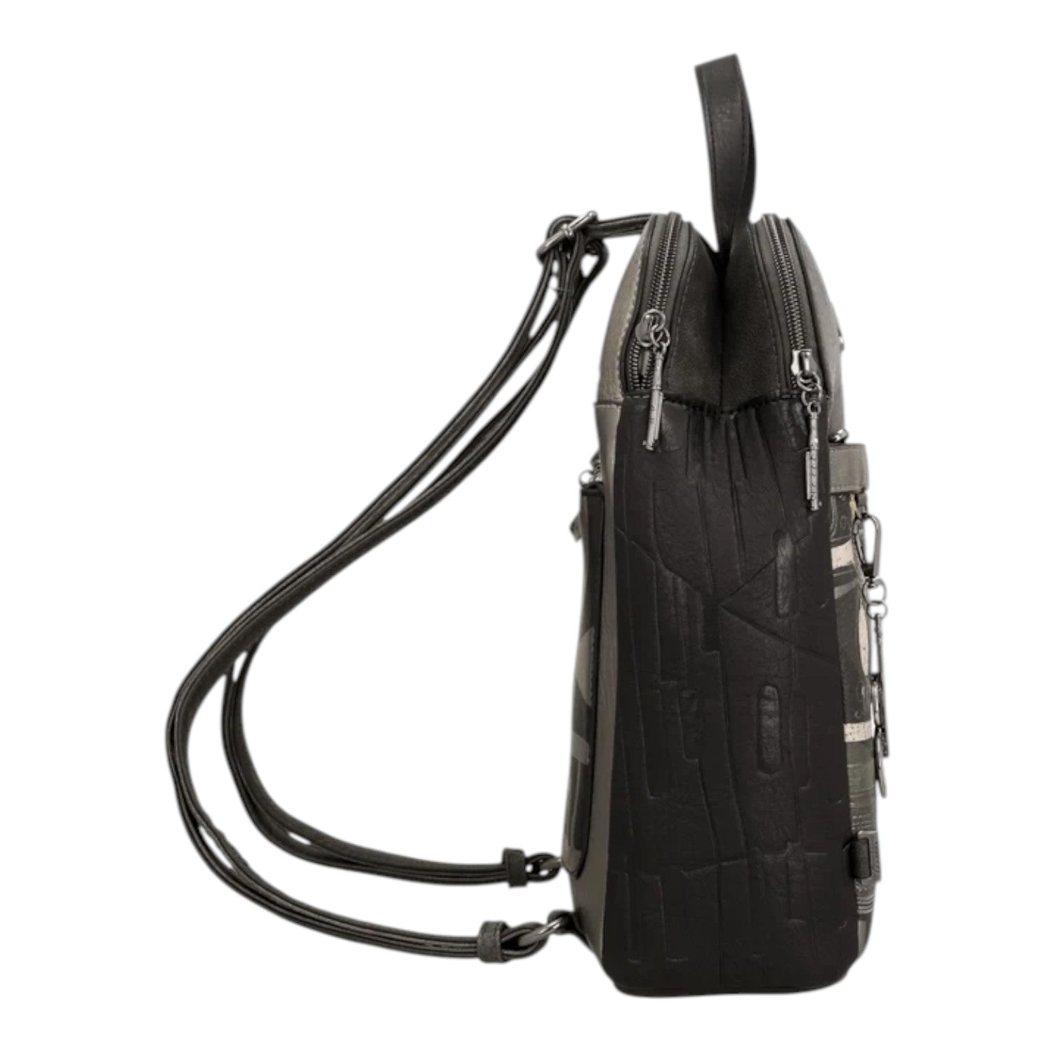 Lieblingstasche backpack in black and grey with a textured geometric pattern and side view showing adjustable straps
