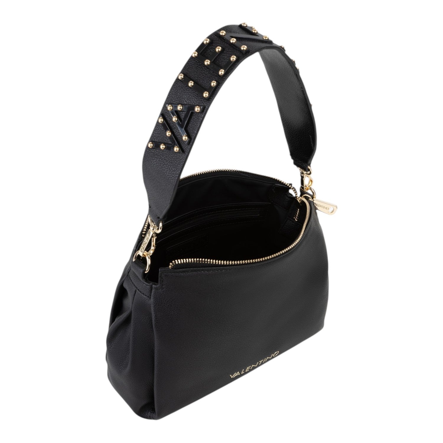 Lieblingstasche Dea Re black pebbled leather hobo bag with gold stud embellishments on the strap.