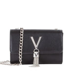 Lieblingstasche black pebbled leather Pochette Divina clutch with silver chain strap and V logo tassel detail.
