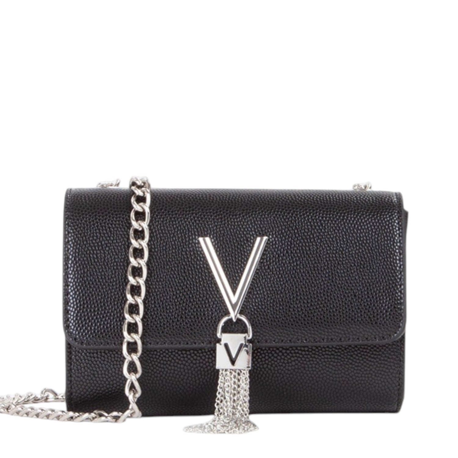 Lieblingstasche black pebbled leather Pochette Divina clutch with silver chain strap and V logo tassel detail.