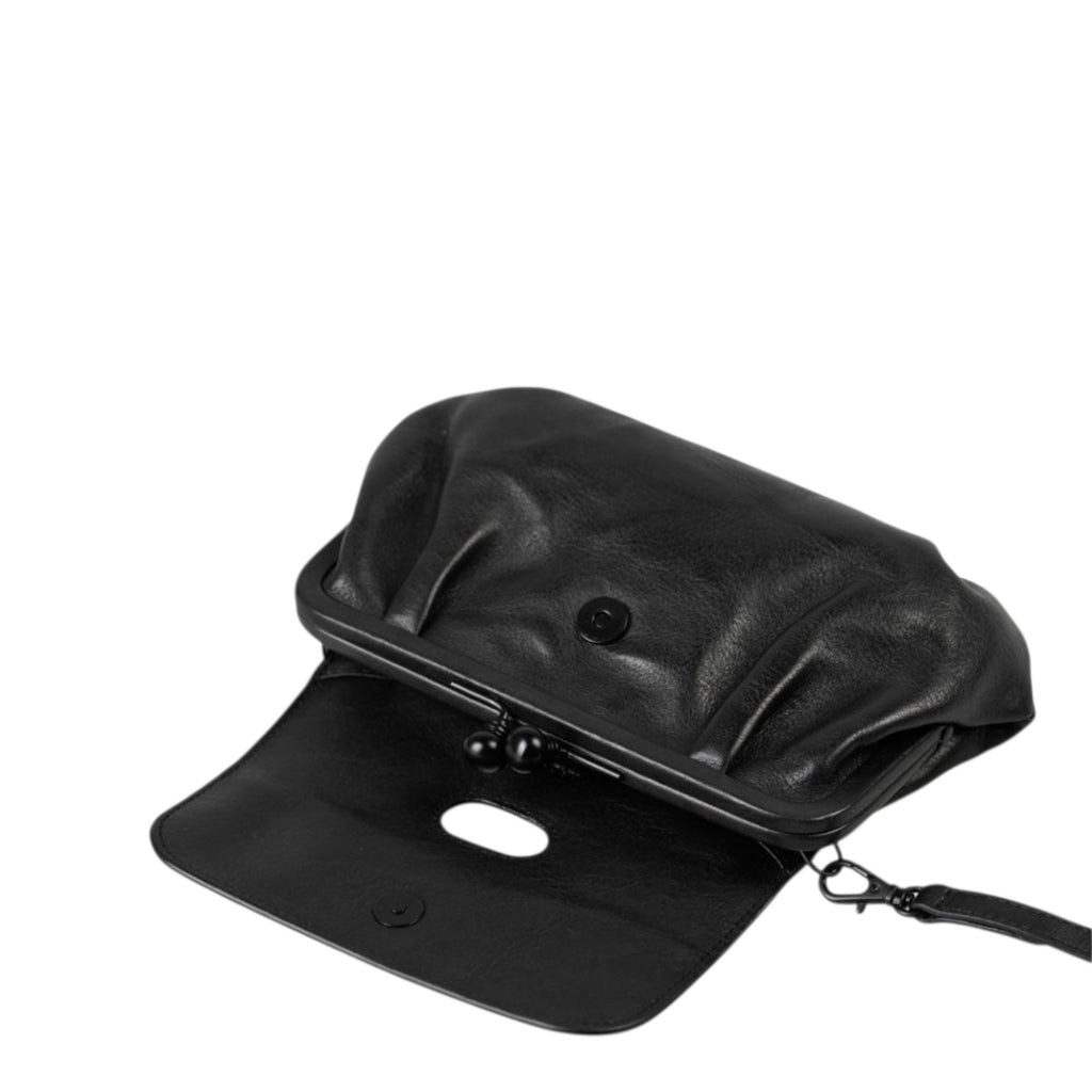 Lieblingstasche Mrs. Whoopie Pie black leather clutch bag with a vintage-style kiss-lock clasp and shoulder strap