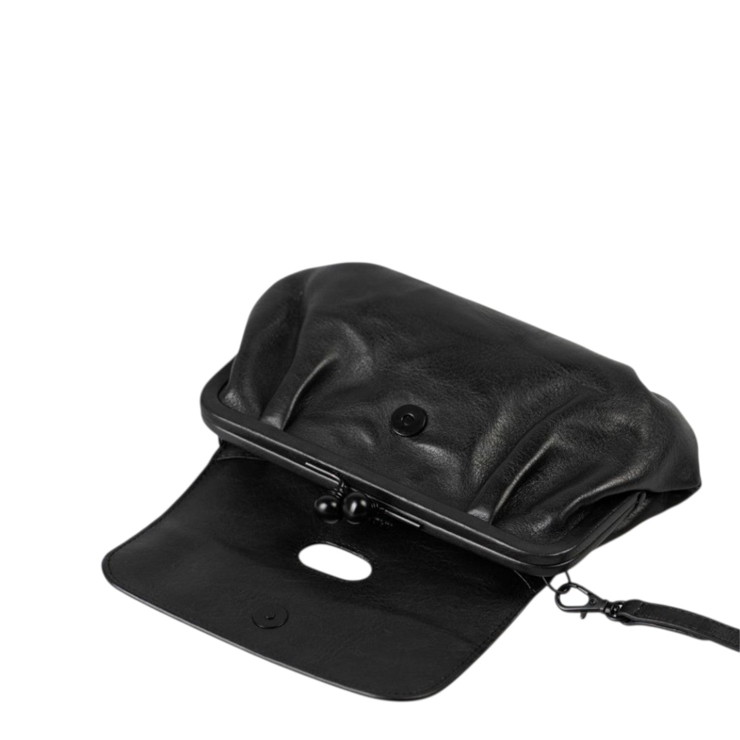 Lieblingstasche Mrs. Whoopie Pie black leather clutch bag with a vintage-style kiss-lock clasp and shoulder strap