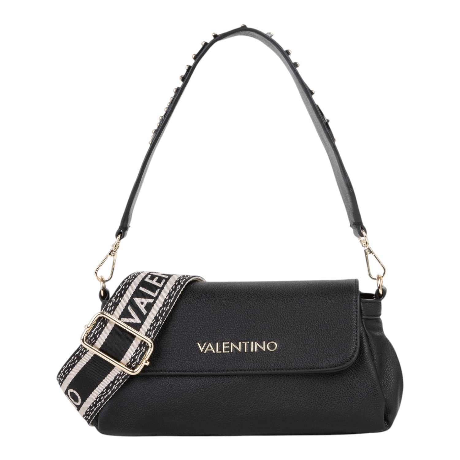 Lieblingstasche Flap Bag Dea Re in black pebbled leather with gold stud detailing on the strap and a branded jacquard strap.