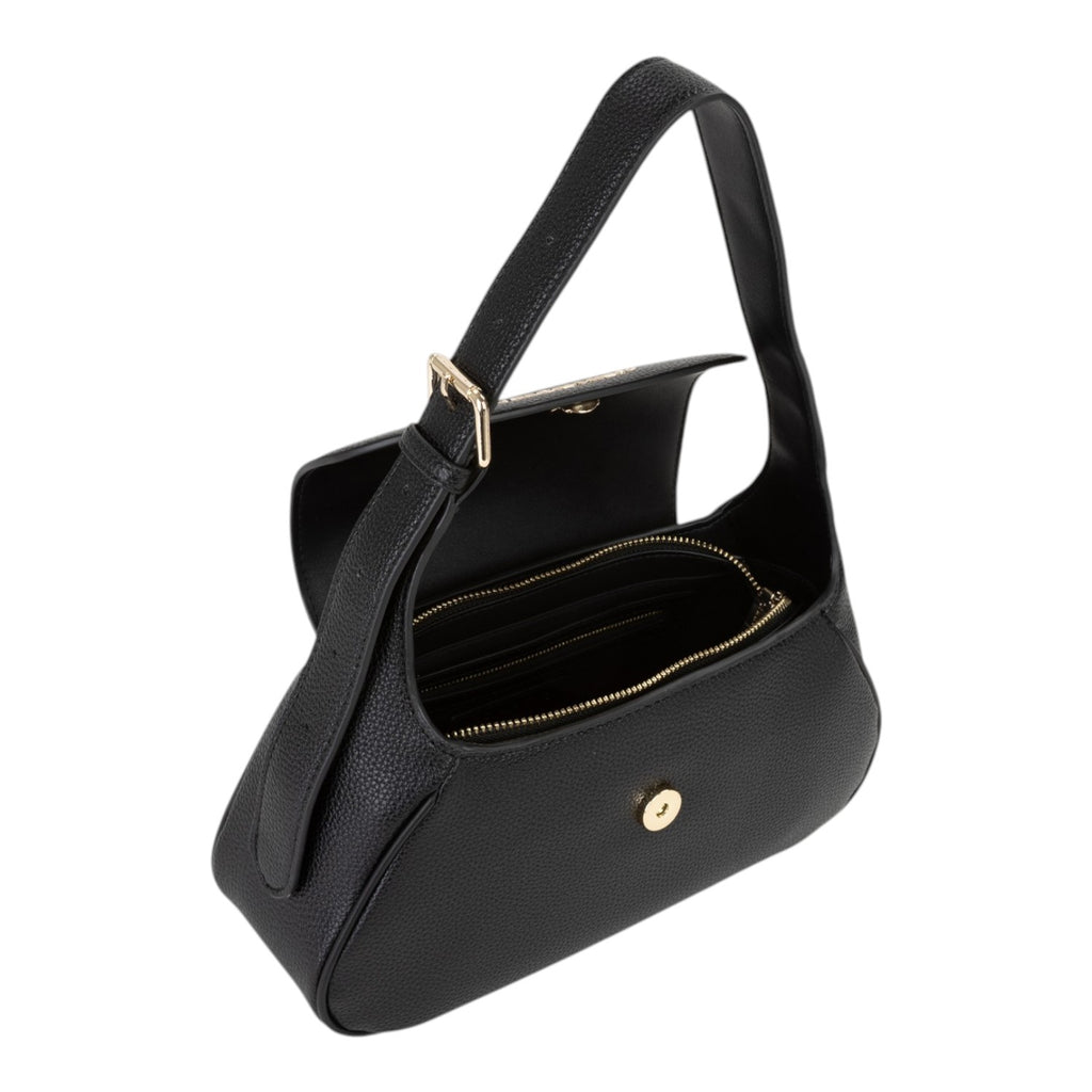 Lieblingstasche Daphne Re black pebbled leather flap bag with gold hardware and adjustable strap.