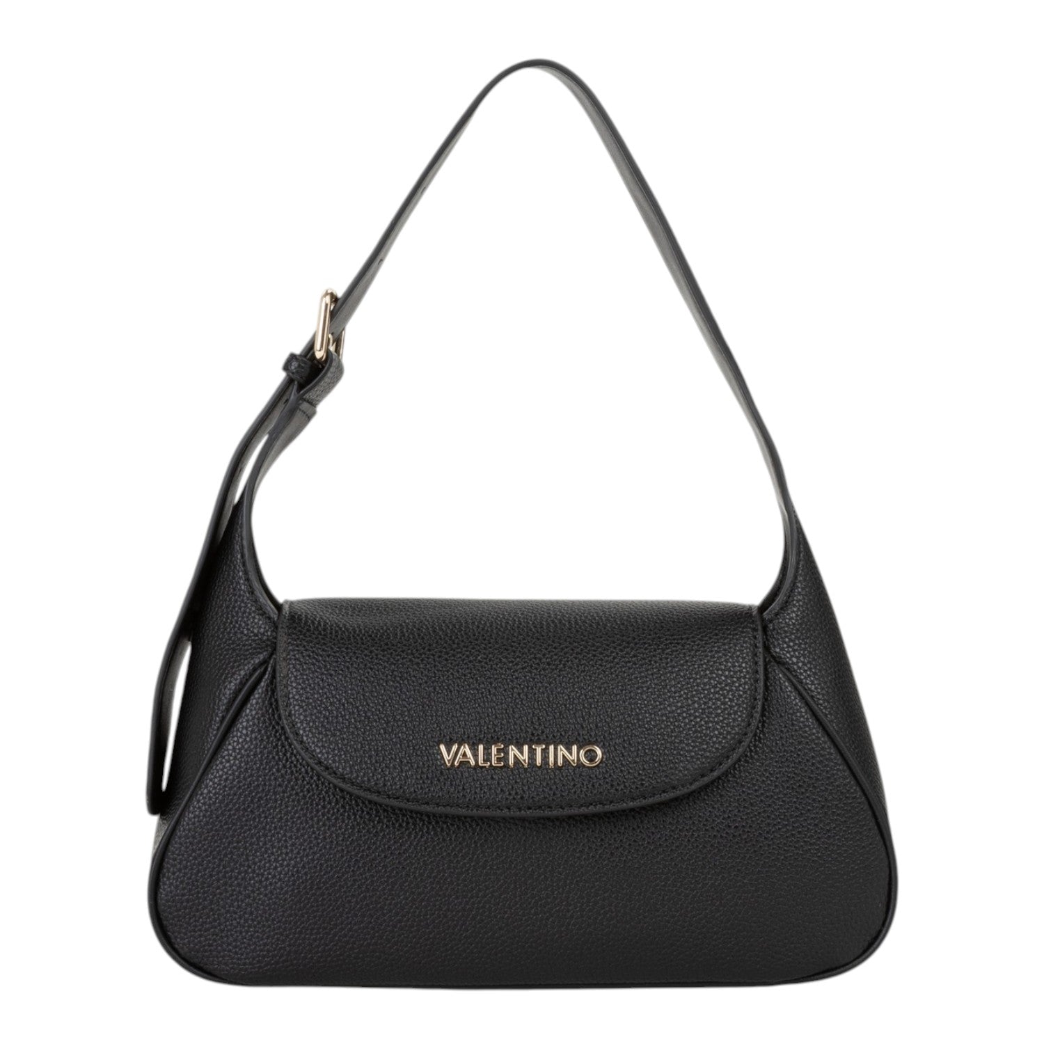 Lieblingstasche Flap Bag Daphne Re in black pebbled leather with gold hardware and adjustable strap.