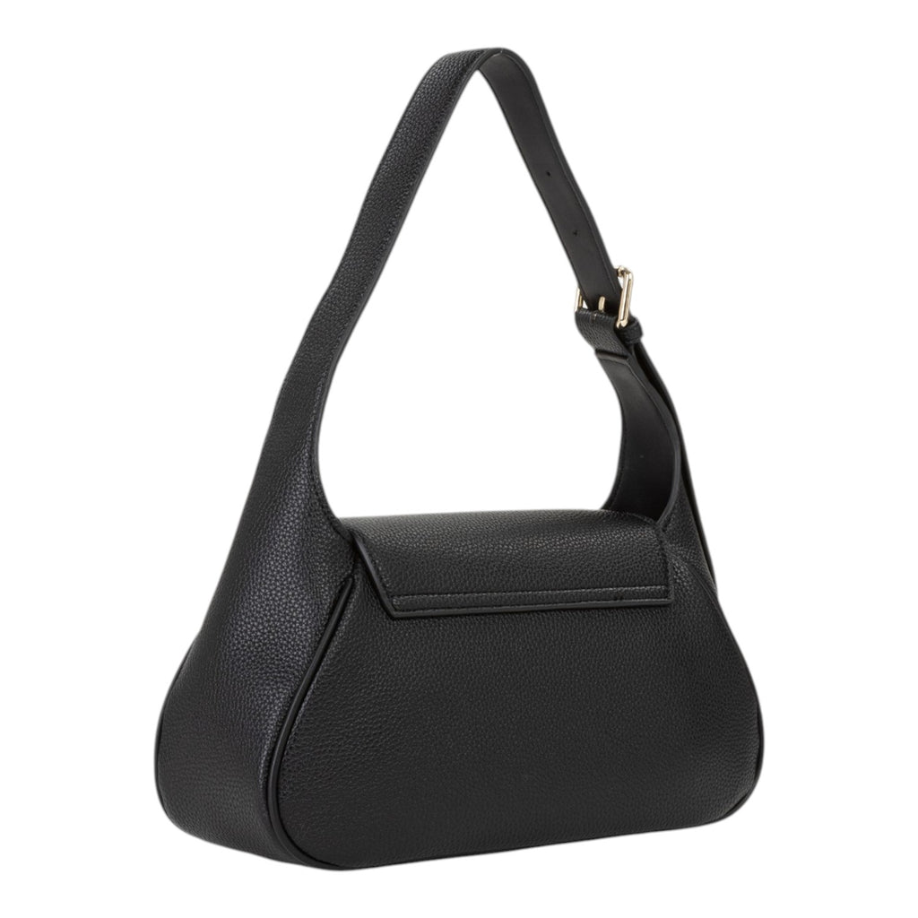 Lieblingstasche Daphne Re black pebbled leather flap shoulder bag with gold buckle detail.