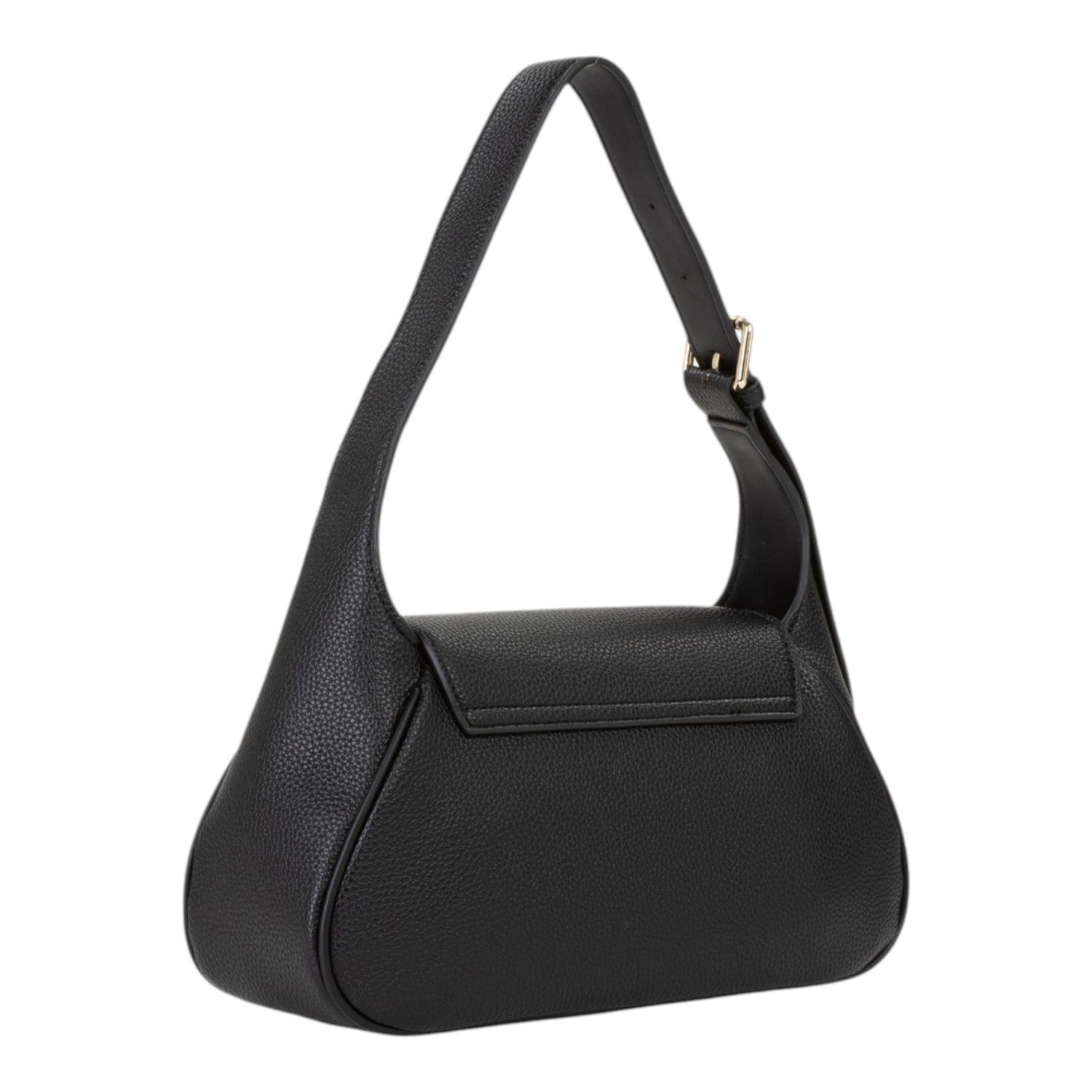 Lieblingstasche Daphne Re black pebbled leather flap shoulder bag with gold buckle detail.