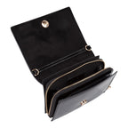 Lieblingstasche black leather flap bag with gold hardware and multiple zippered compartments.