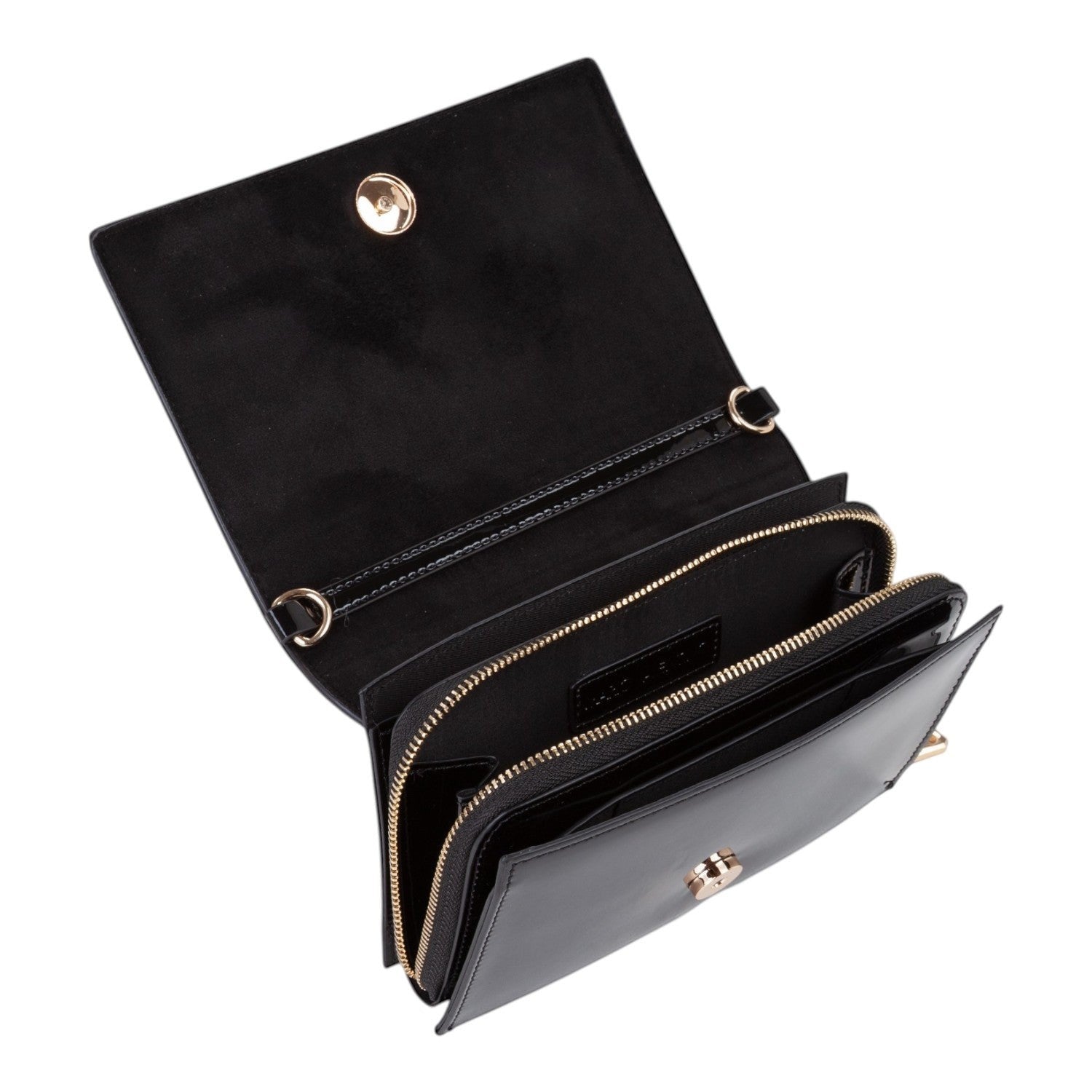 Lieblingstasche black leather flap bag with gold hardware and multiple zippered compartments.