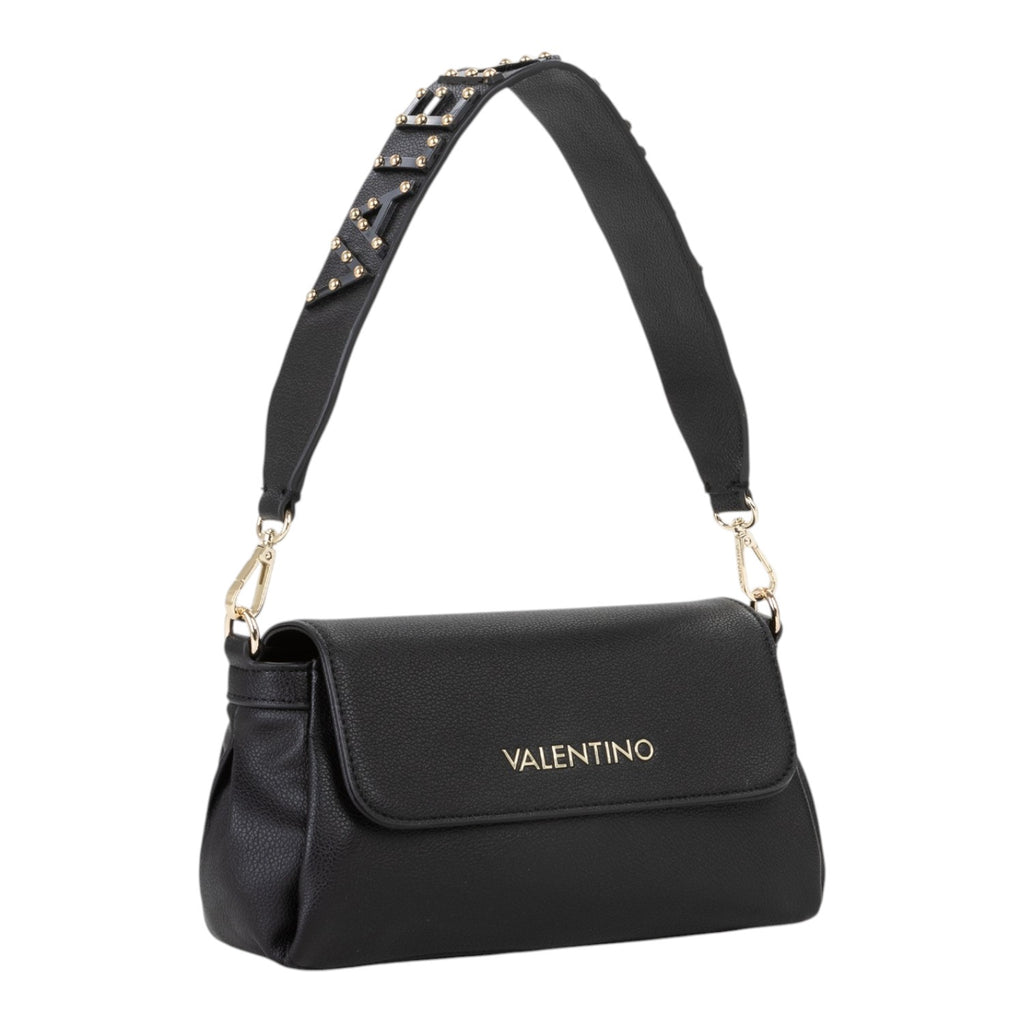 Lieblingstasche Flap Bag Dea Re black pebbled leather crossbody bag with gold stud embellished strap and gold logo.