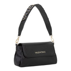 Lieblingstasche Flap Bag Dea Re black pebbled leather crossbody bag with gold stud embellished strap and gold logo.