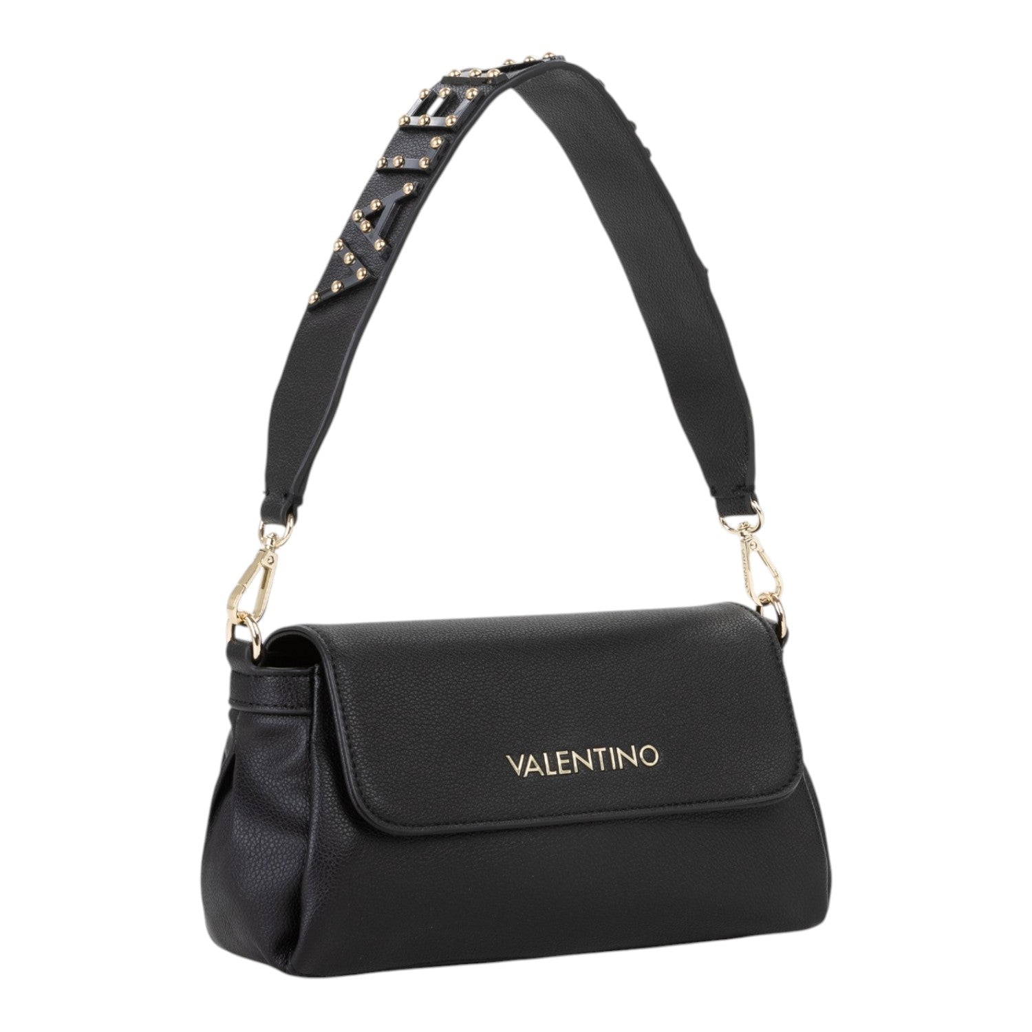 Lieblingstasche Flap Bag Dea Re black pebbled leather crossbody bag with gold stud embellished strap and gold logo.