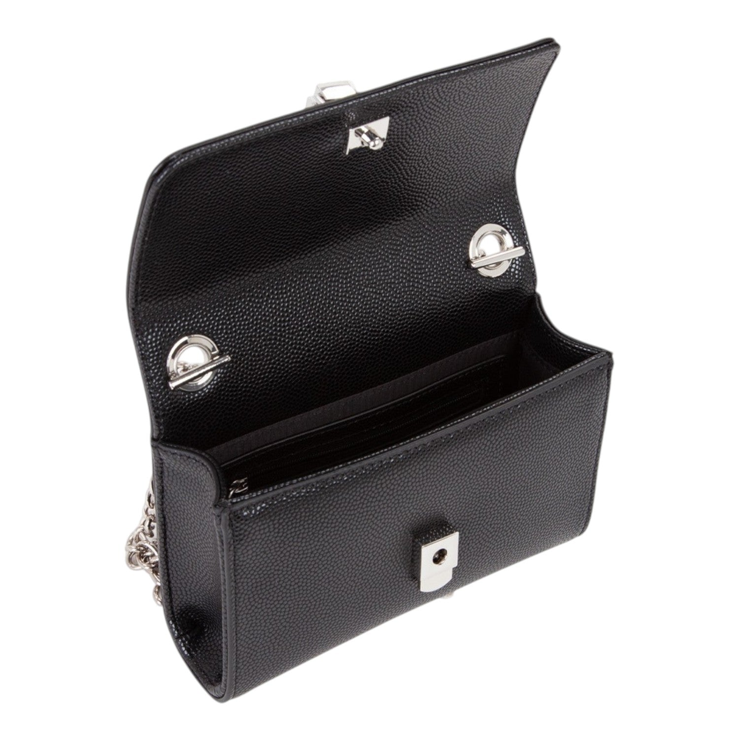 Lieblingstasche black pebbled leather Pochette Divina crossbody bag with silver hardware and chain strap.