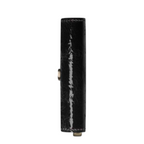 Side view of a black Lieblingstasche Envelope Premium Naplak clutch with a glossy patent leather finish.