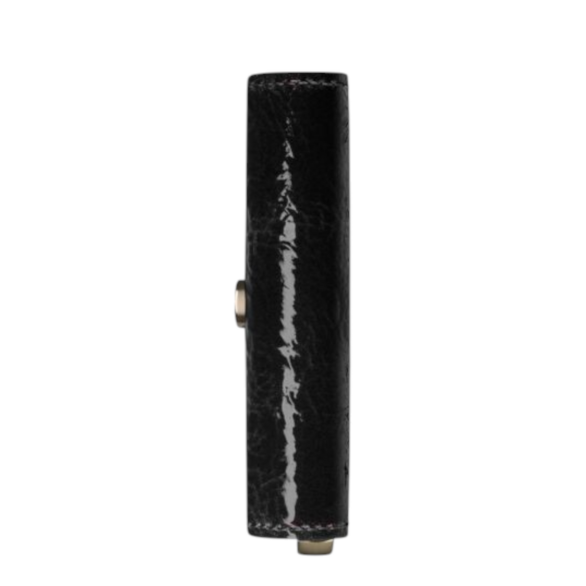 Side view of a black Lieblingstasche Envelope Premium Naplak clutch with a glossy patent leather finish.