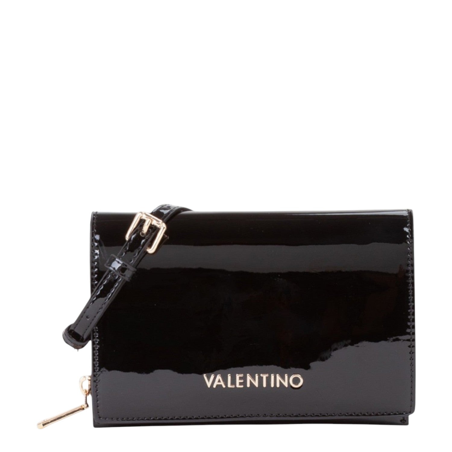 Lieblingstasche Flap Bag Ember in black patent leather with gold hardware and buckle detail.