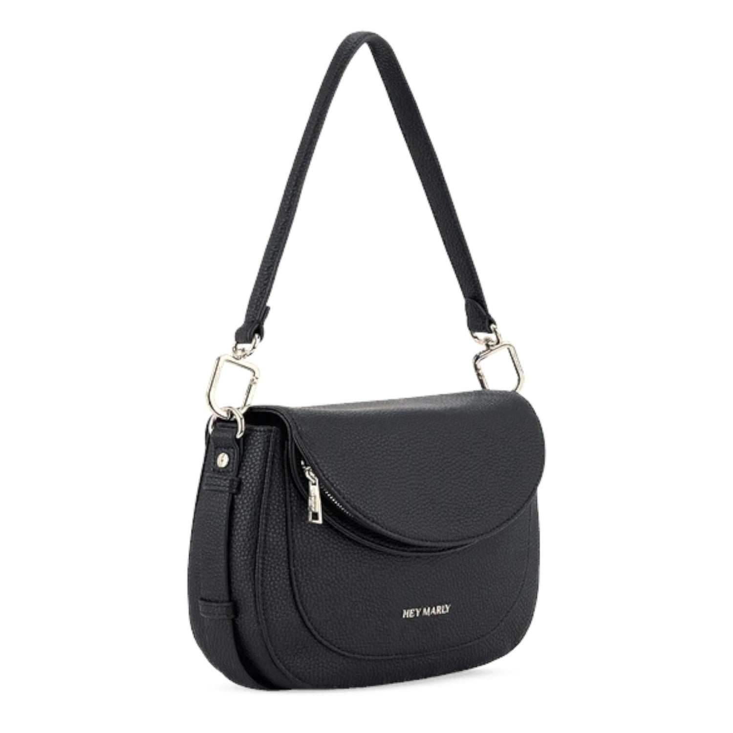 Lieblingstasche Big Sister black pebbled leather shoulder bag with a curved flap and silver hardware
