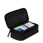 Lieblingstasche black pencil case open with a set of five colorful Edding felt-tip pens inside