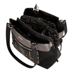 Lieblingstasche shoulder bag in black and metallic silver with patterned interior lining and multiple compartments
